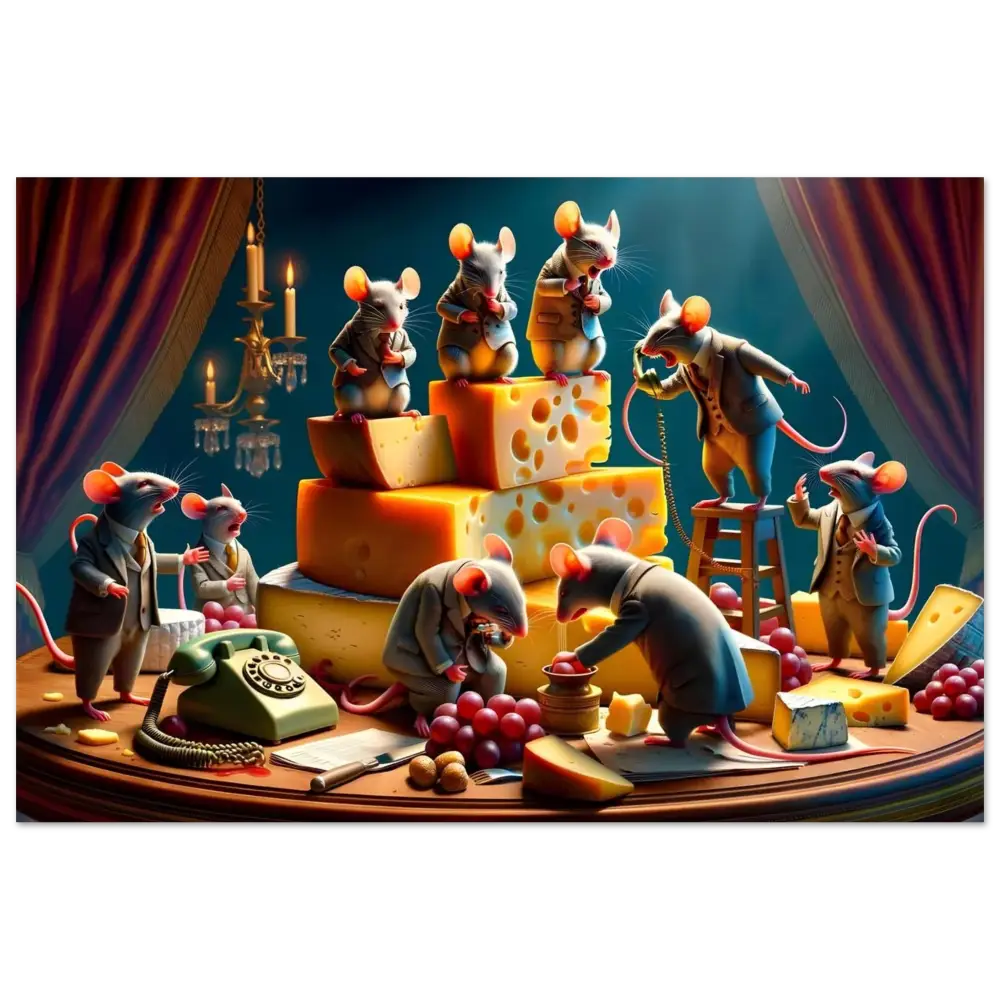 Anthropomorphic mice enjoying cheese on the Boardroom Brie-down Aluminum Print