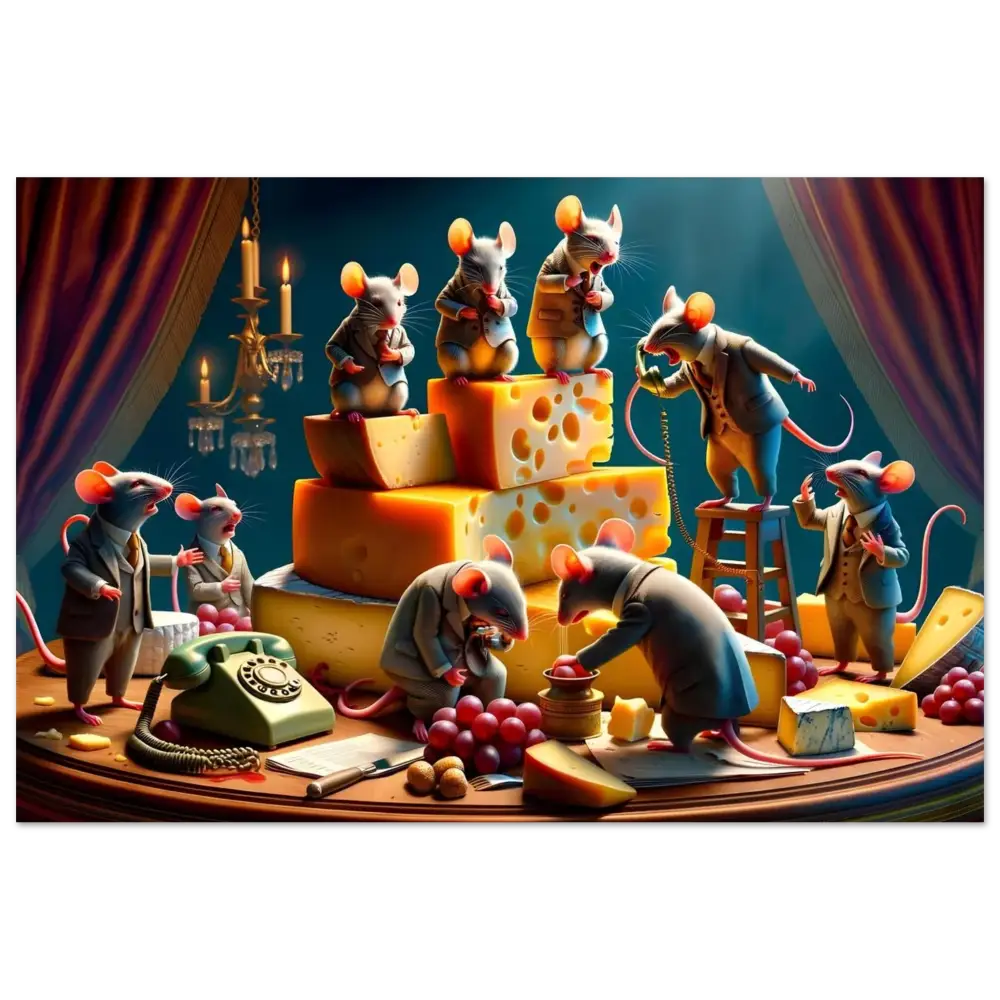 Anthropomorphic mice with cheese on the Boardroom Brie-down Aluminum Print by PixiOnyx