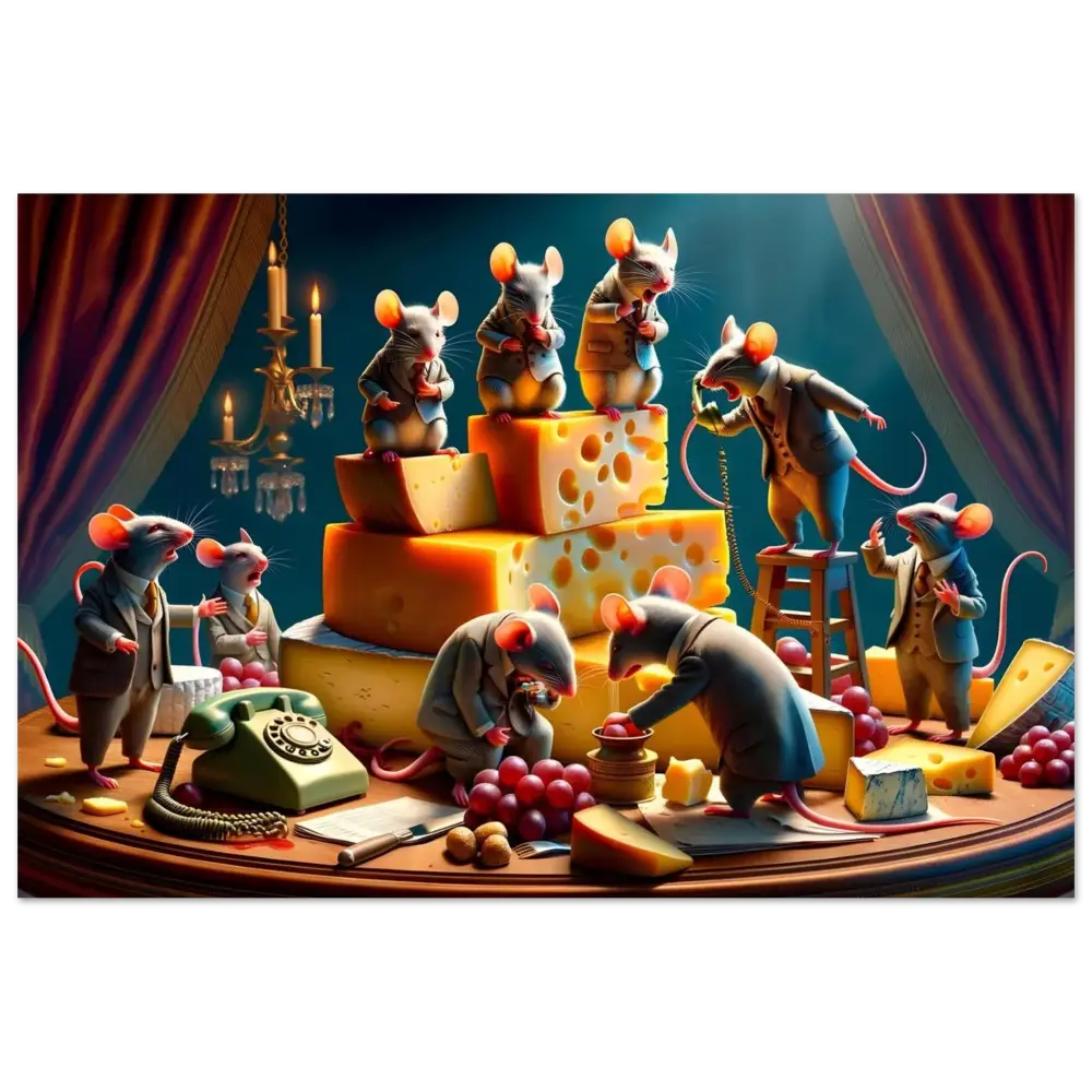 Anthropomorphic mice with cheese on a glossy Aluminum Print for Boardroom Brie-down satire panel