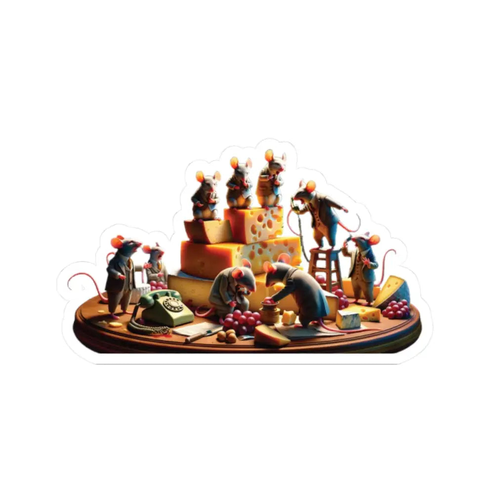 Whimsical cheese platter with dressed mice featured on Boardroom Brie-Down Cheese Mafia Mouse Sticker