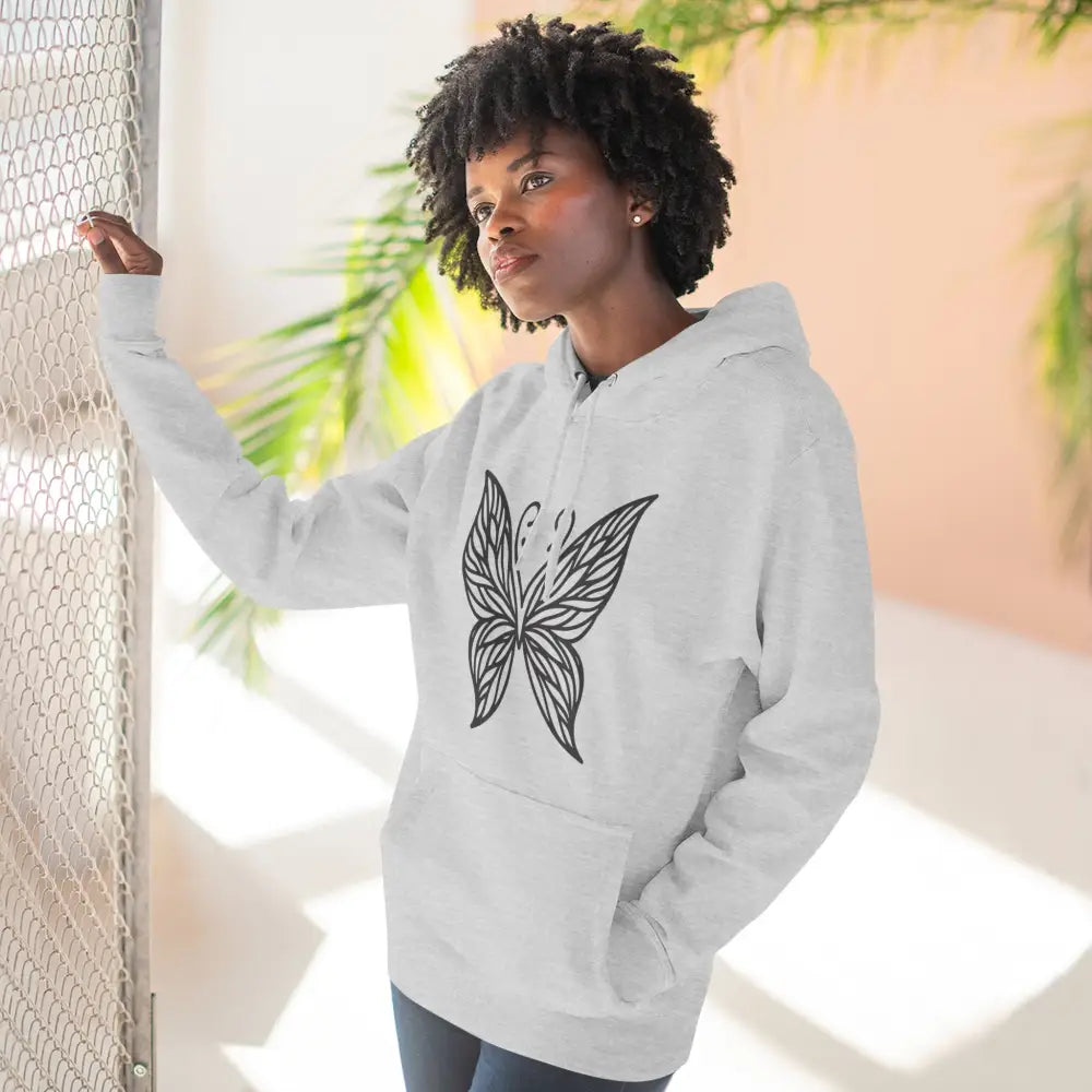 White fleece hoodie with black butterfly graphic, cozy unisex sweatshirt, easy care
