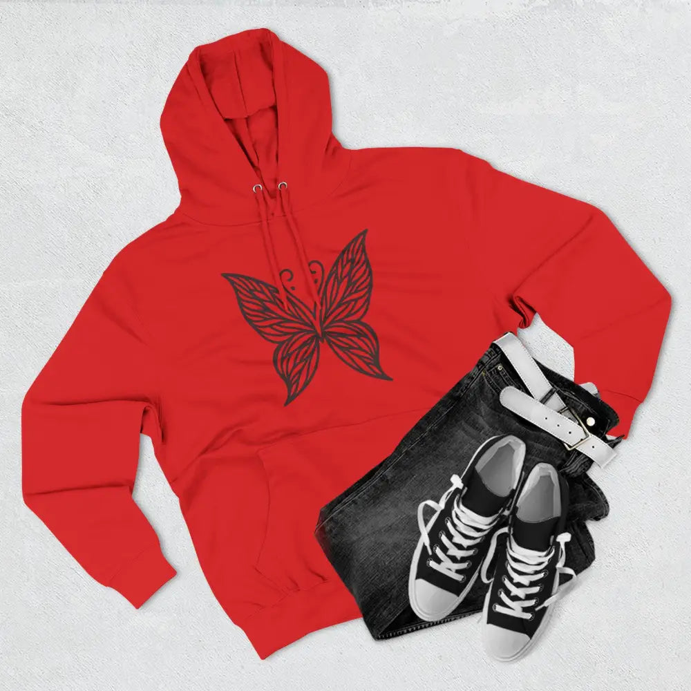 Red hooded fleece hoodie with dark butterfly design, perfect for fall fashion and casual wear