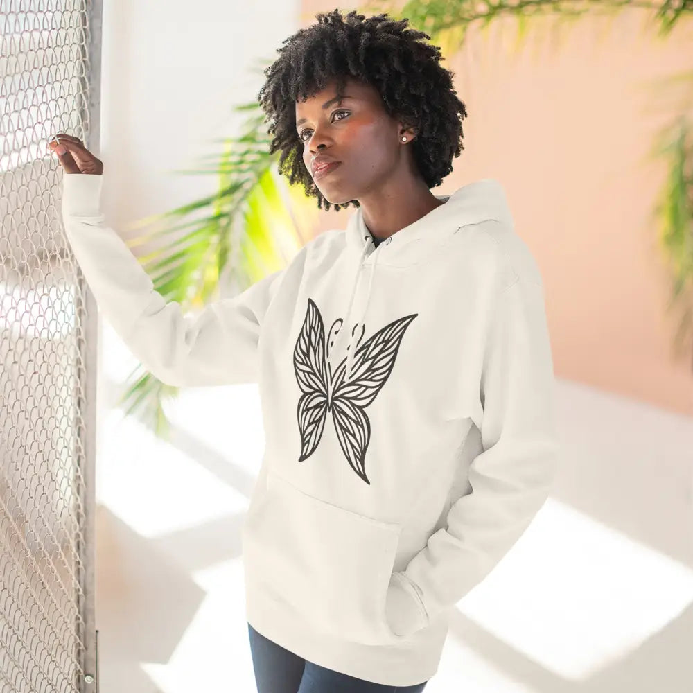 Off-white fleece hoodie with black butterfly graphic, cozy fall casual wear, low heat care