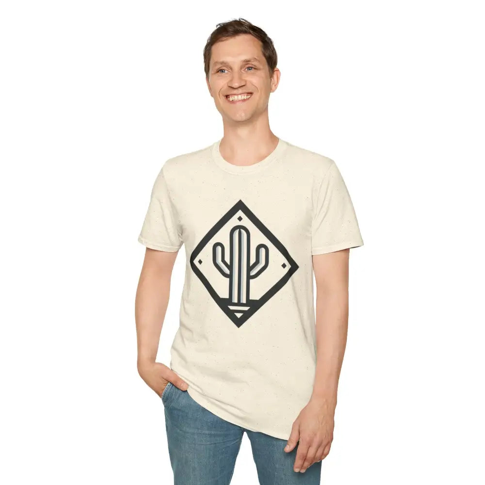 Smiling man in light-colored Cactus Adventure T-Shirt with black cactus design, eco-friendly, ultimate comfort