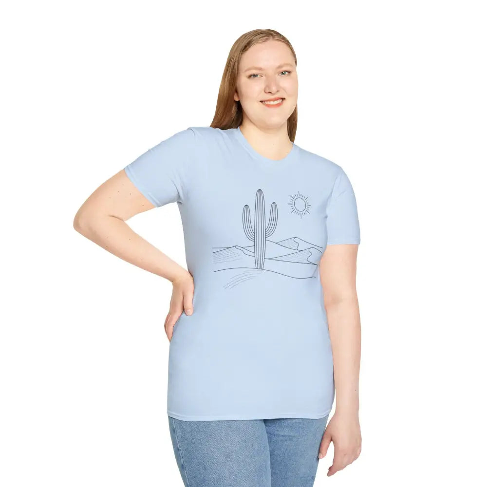 Woman wearing a cactus desert vibes unisex t-shirt with lightweight fabric and elastic ribbed collar