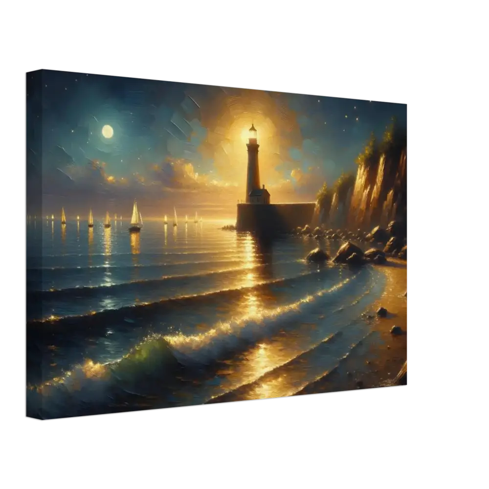 Coastal lighthouse painting on Canvas – Beacon of the Quiet Tide by PixiOnyx Painterly Dreamscape