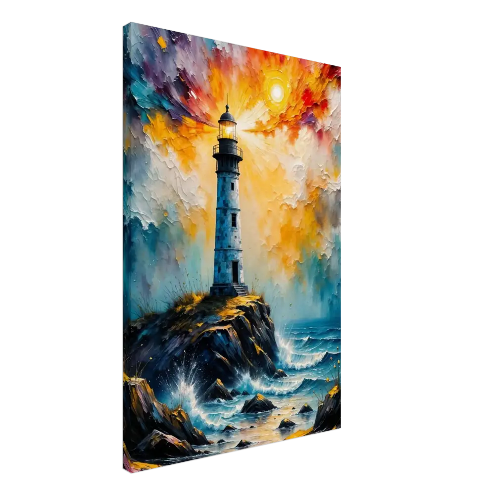 Textured oil painting of an abstract lighthouse scene on GSM artist-grade cotton with a vibrant sunset sky