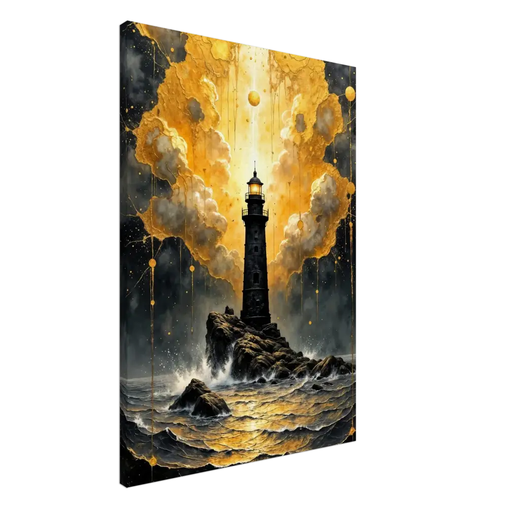 Gallery-wrapped canvas captures storm-charged beacon emerges on rocky outcrop in golden sea