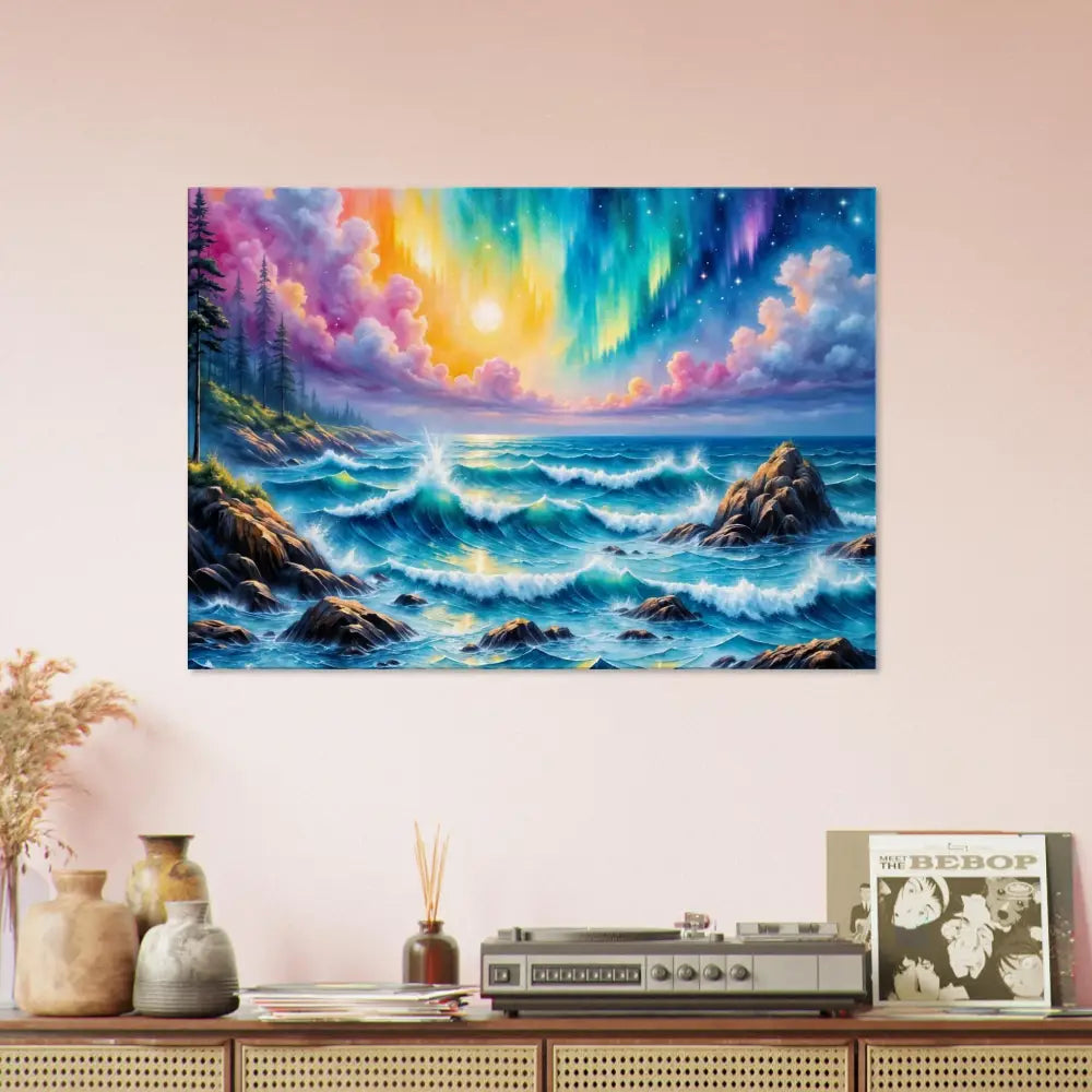 Canvas Celestial Tide Aurora Ocean Fantasy wall art featuring vibrant tumultuous sea and northern lights