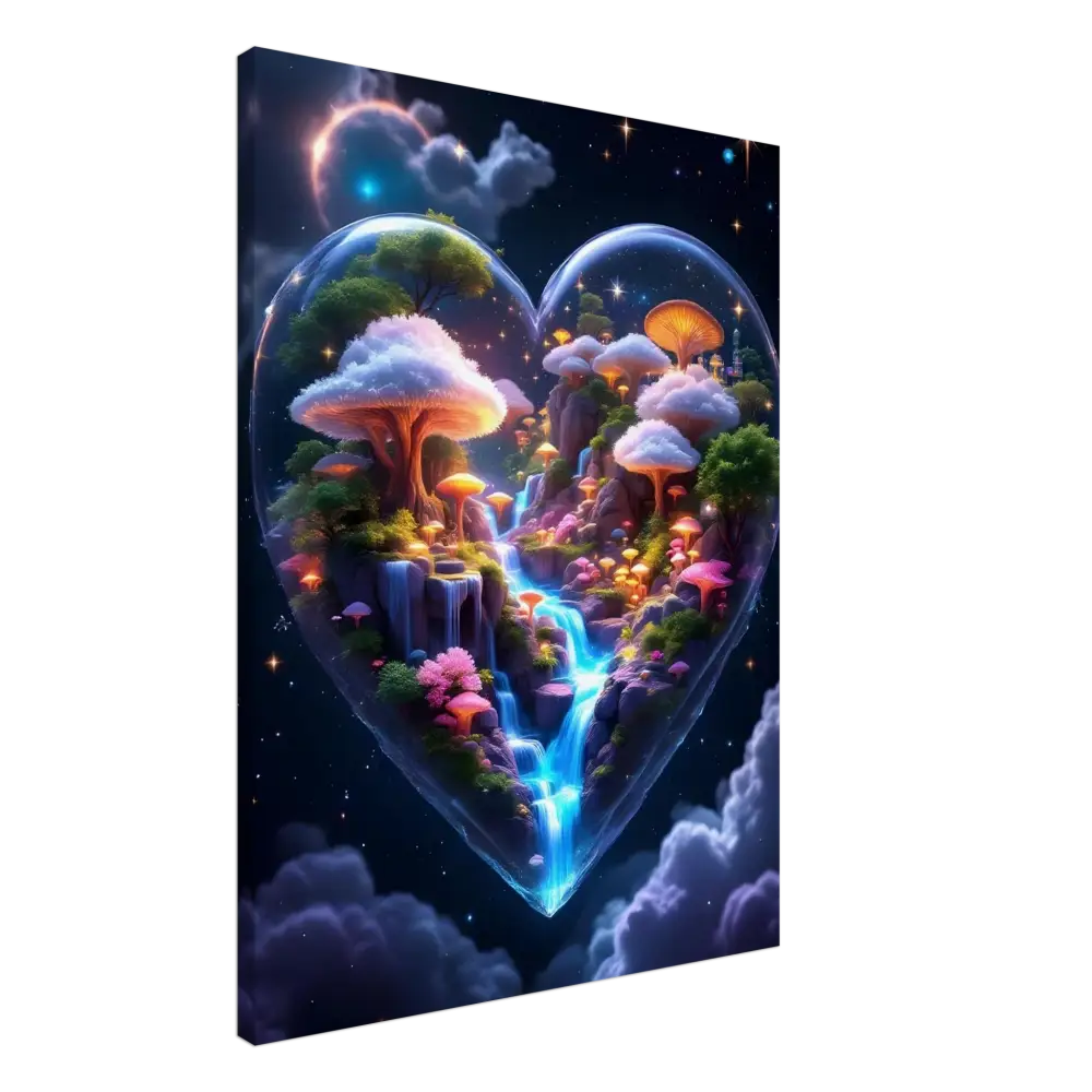 Heart-shaped fantasy landscape with glowing mushrooms and waterfall in Canvas Cosmic Heart PixiOnyx Soft Dreamscape Edition