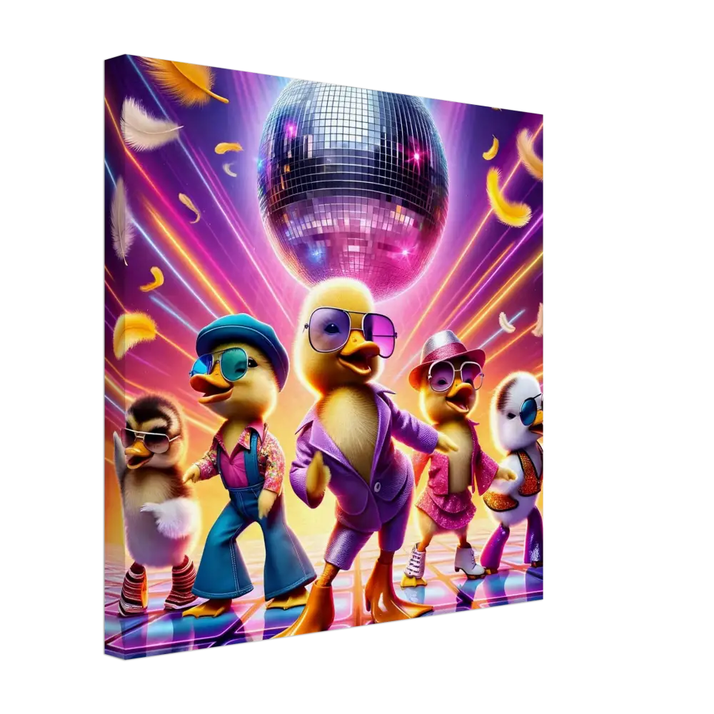 Disco-themed duck characters displayed in Canvas PixiOnyx Retro Absurdist Display