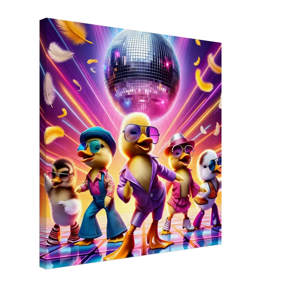 Disco Duck Group displayed on PixiOnyx Retro Absurdist Canvas titled Disco Ducklings