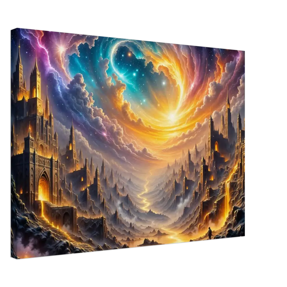 Fantastical landscape painting of an eclipsed citadel and sweeping vortex sky over a fantasy city feel