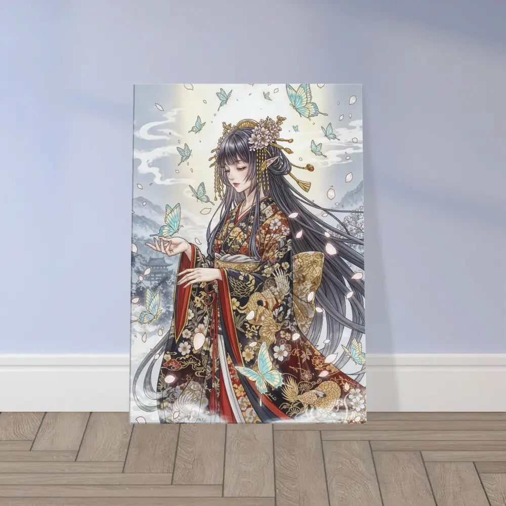 Vibrant anime-style Canvas Ethereal Kimono Maiden with butterflies on hand-stretched poly-cotton blend canvas with solid wood frame