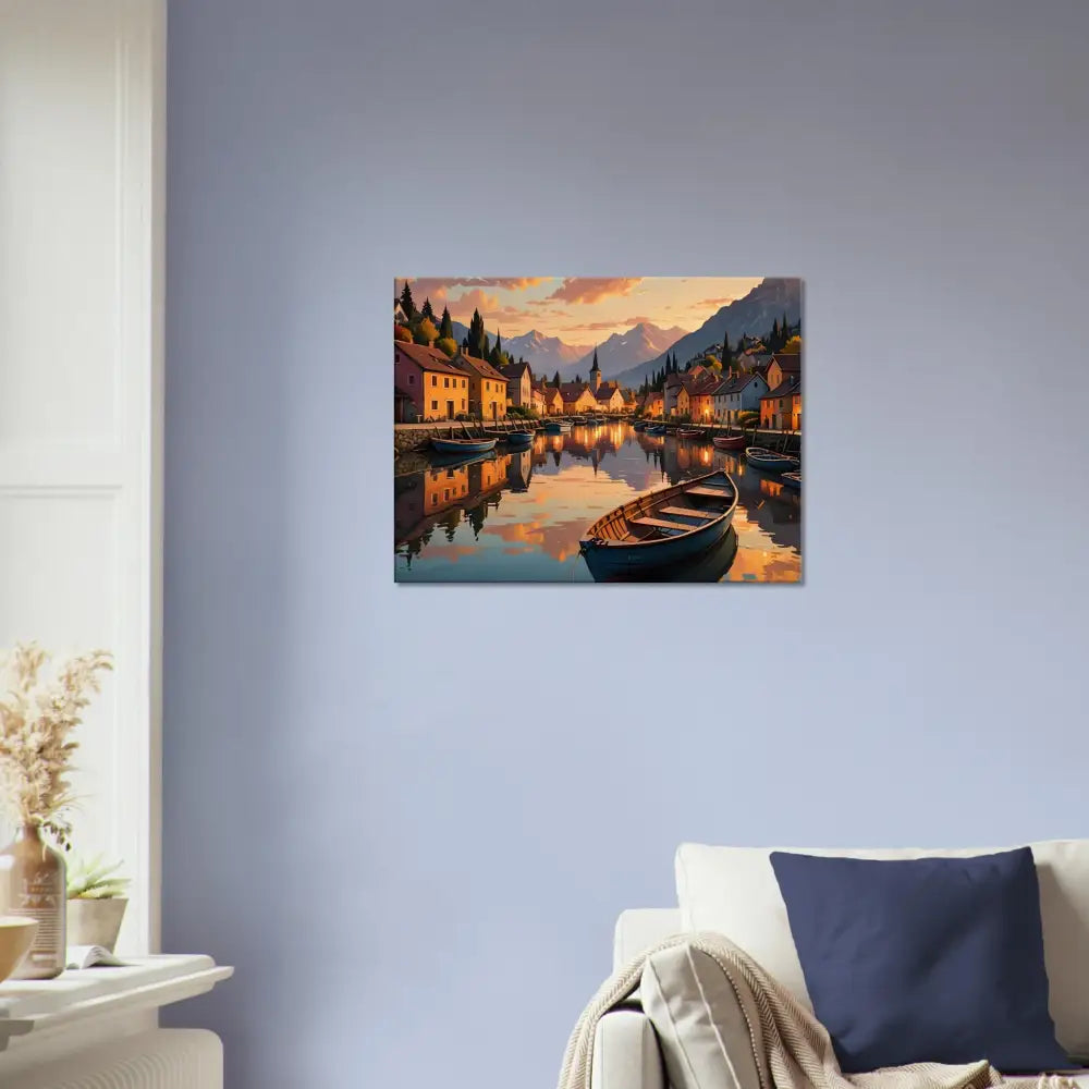 Beautiful lakeside town at sunset painted on Canvas – Evening Glow on the Water