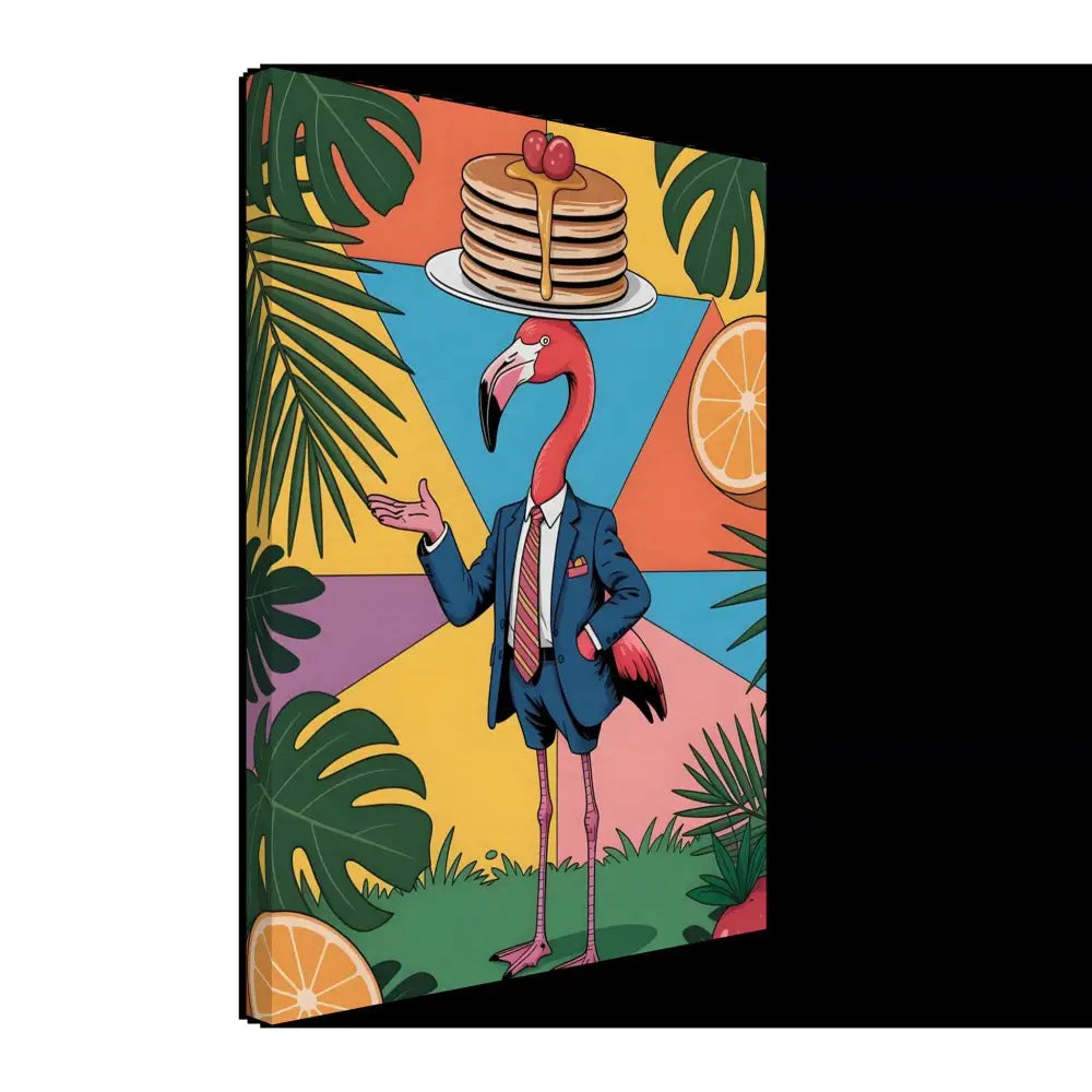 Flamingo waiter in suit balancing pancakes on head for PixiOnyx Brunch Jungle art
