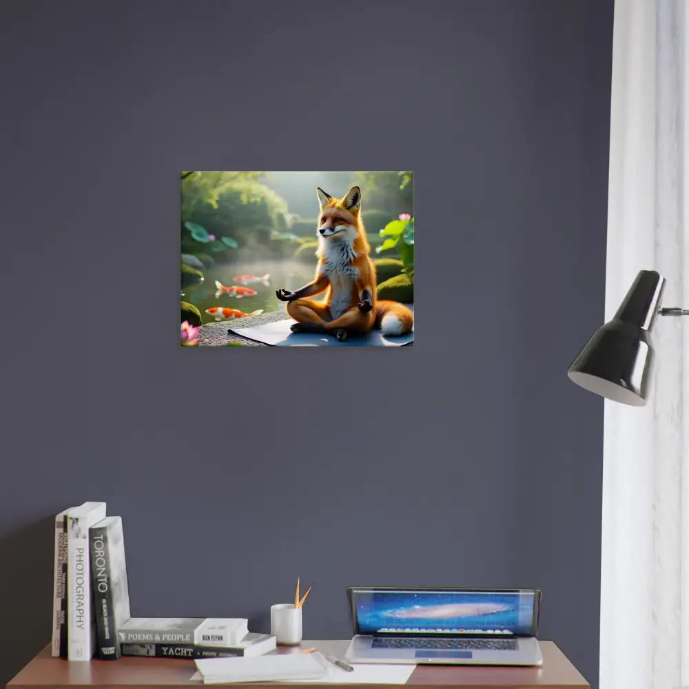 Framed fox meditating by pond on Canvas – Foxasana PixiOnyx Tranquility Textile