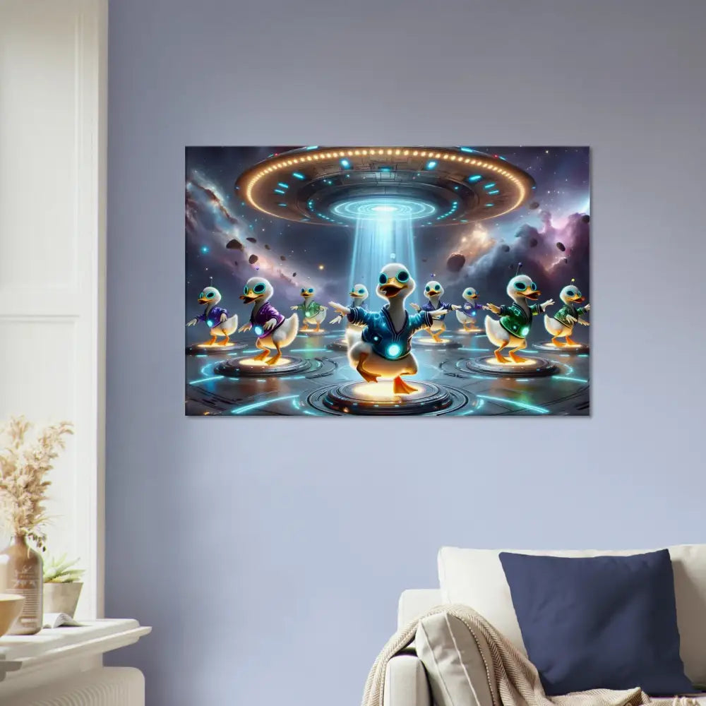 Humorous alien abduction duck art on Canvas Galactic Dance Crew PixiOnyx Astral Groove Scene