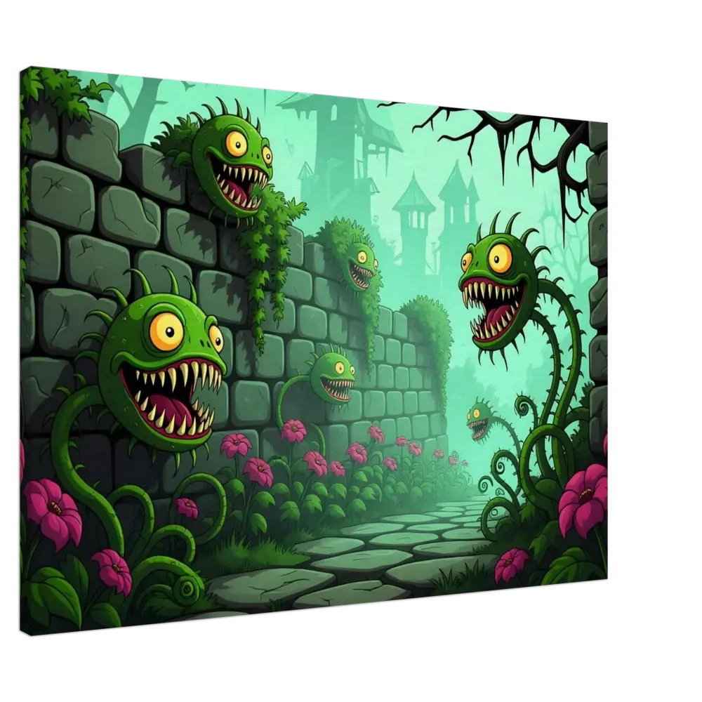 Cartoonish carnivorous plants in a fantasy garden on Canvas Grinvine Grove PixiOnyx