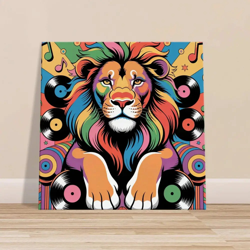 Vibrant pop art rainbow-maned lion painting from Canvas – Groove King by PixiOnyx Rhythm Jungle