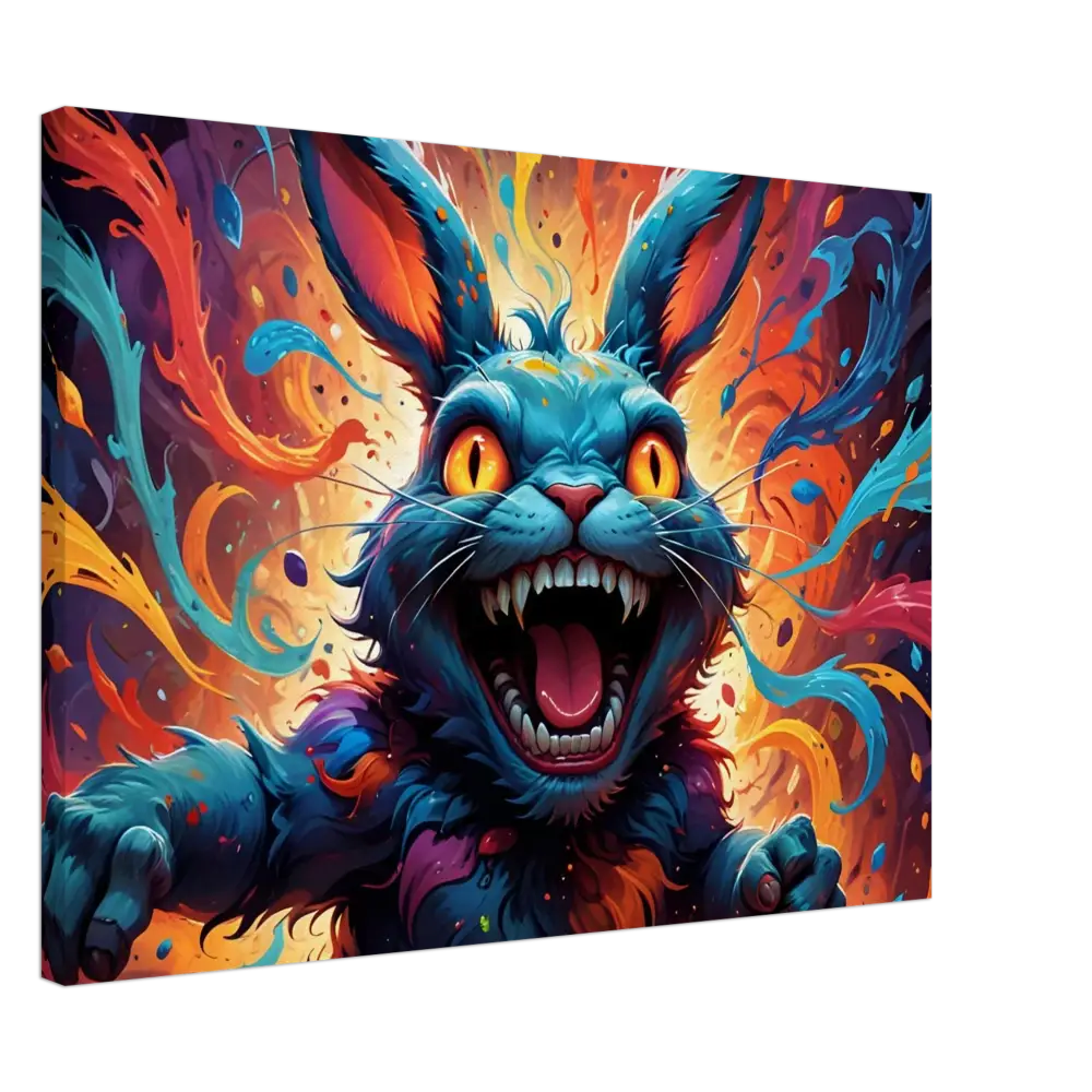 Colorful menacing rabbit art displayed on Canvas Inferno Giggle Psycho Cottontail Quartet PixiOnyx Burnstroke Series