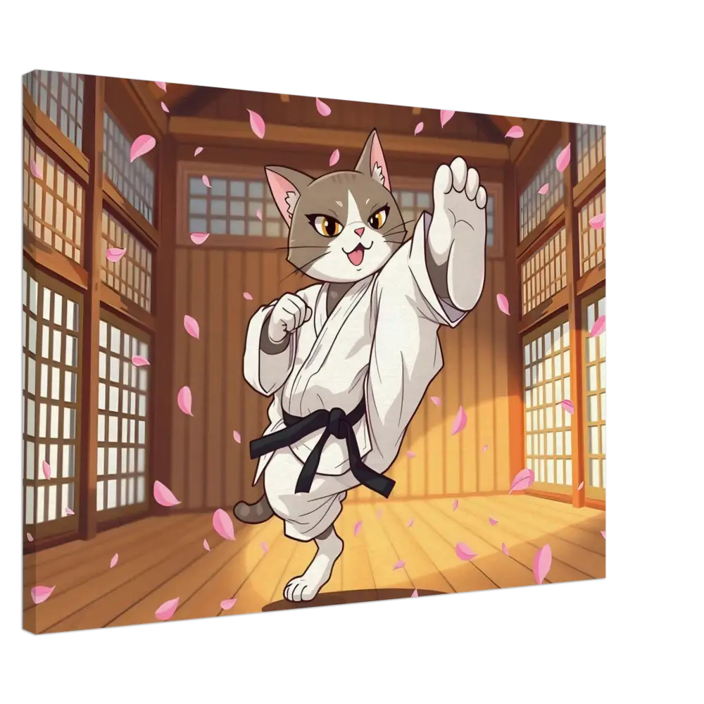 Cartoon Cat in Karate Gi for Canvas Cherry Blossom Showdown PixiOnyx Whimsical Combat