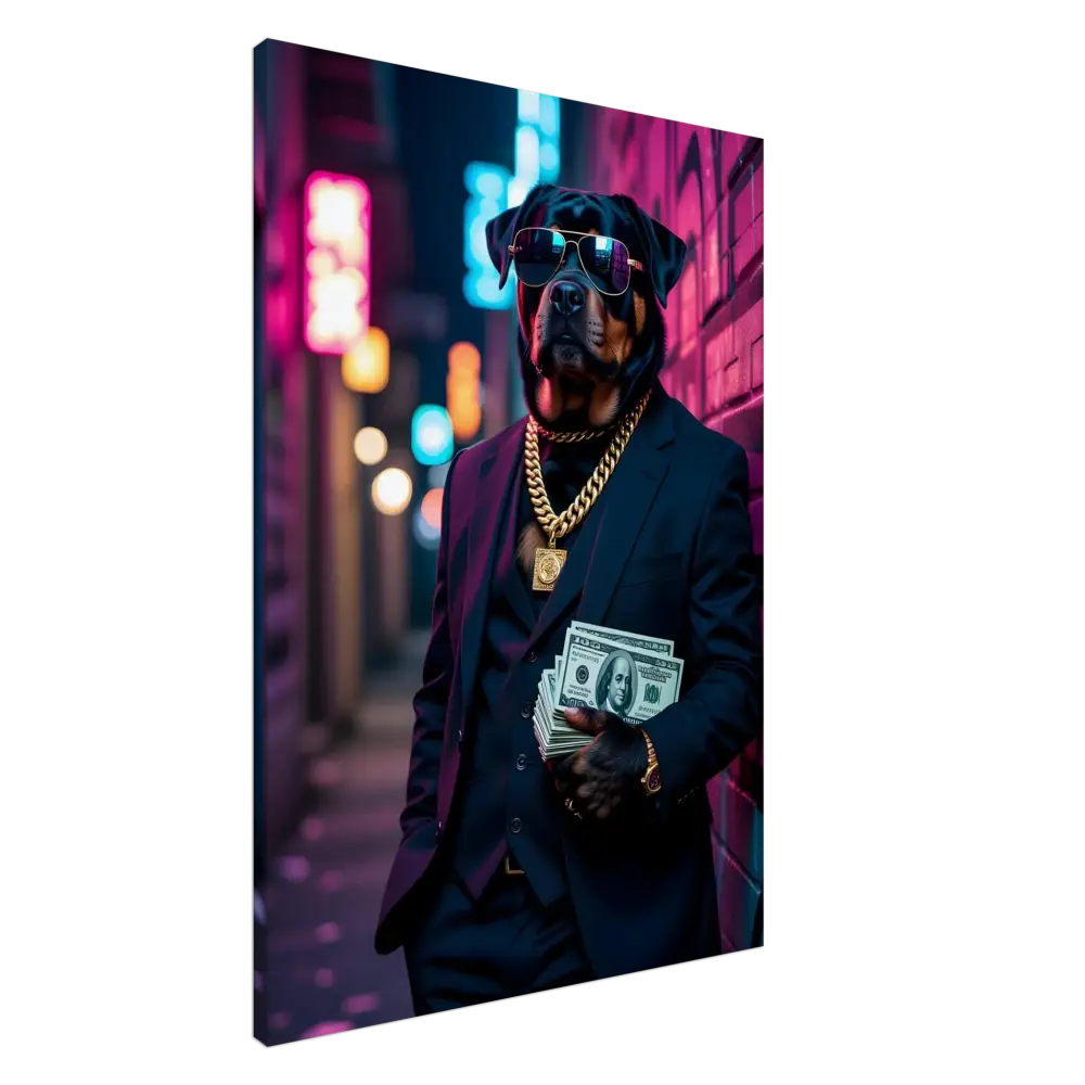 Rottweiler in a suit holding money on PixiOnyx Urban Alpha Canvas kingpin K9 product