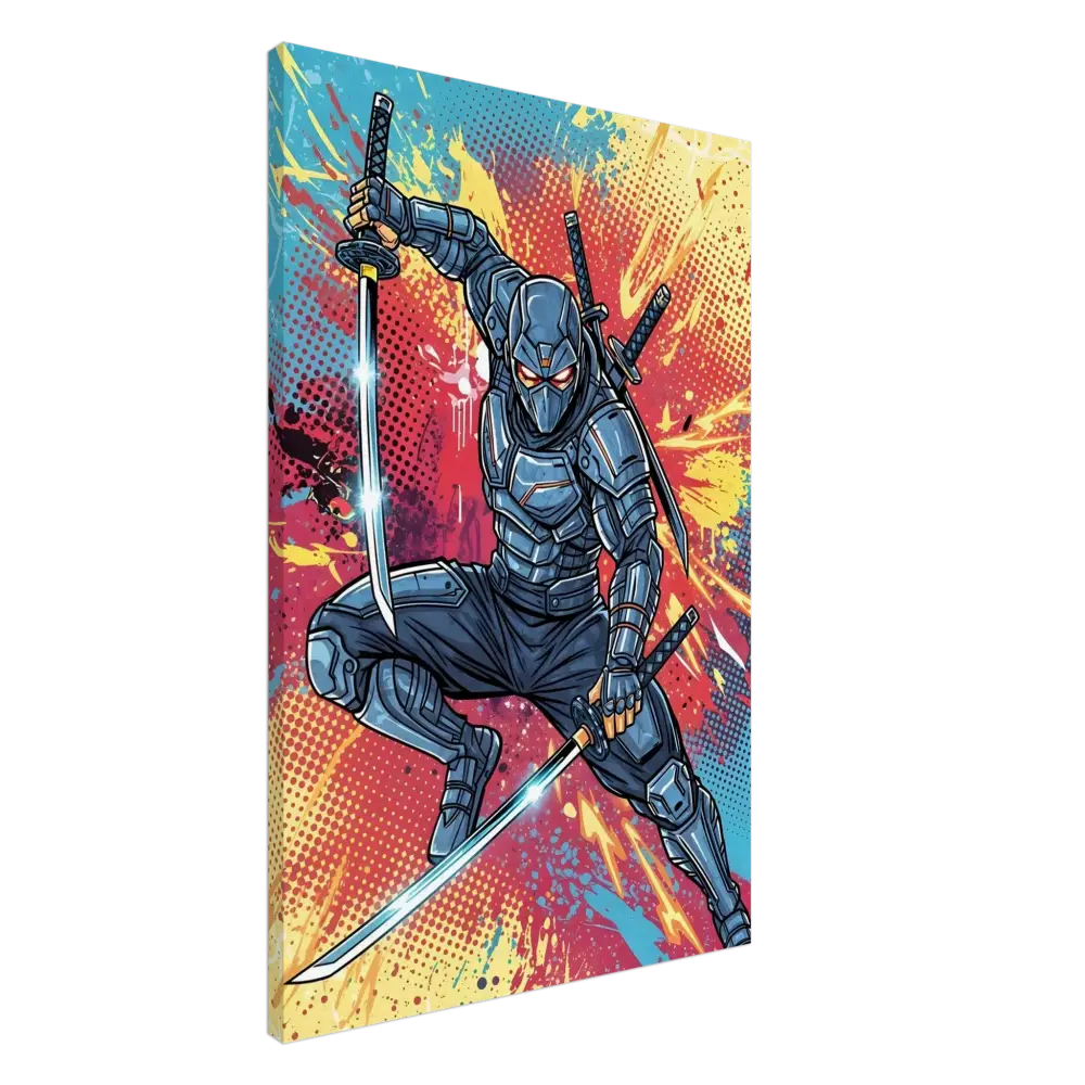 Blue armored ninja with glowing katana swords on high-impact ninja print for PixiOnyx Pop Samurai