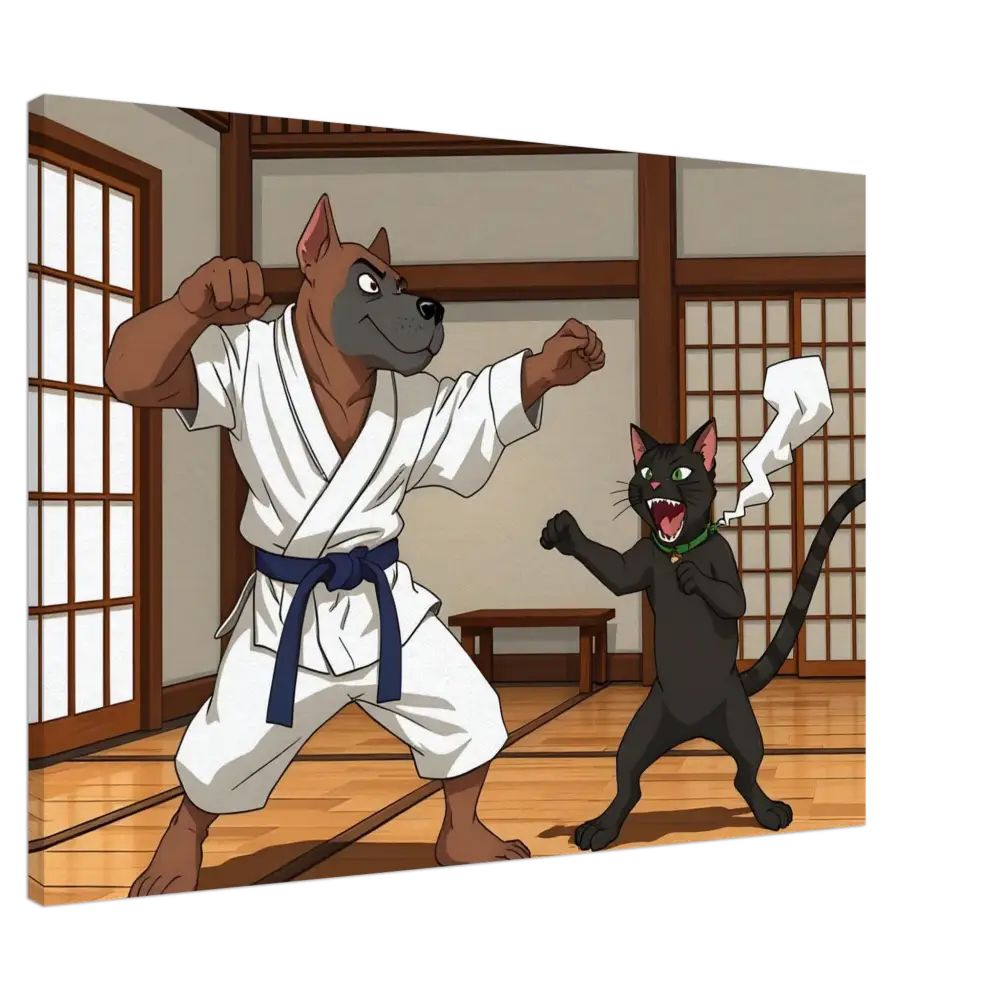 Cartoon dog and cat in karate stances from Canvas Paws of Fury PixiOnyx Martial Mayhem