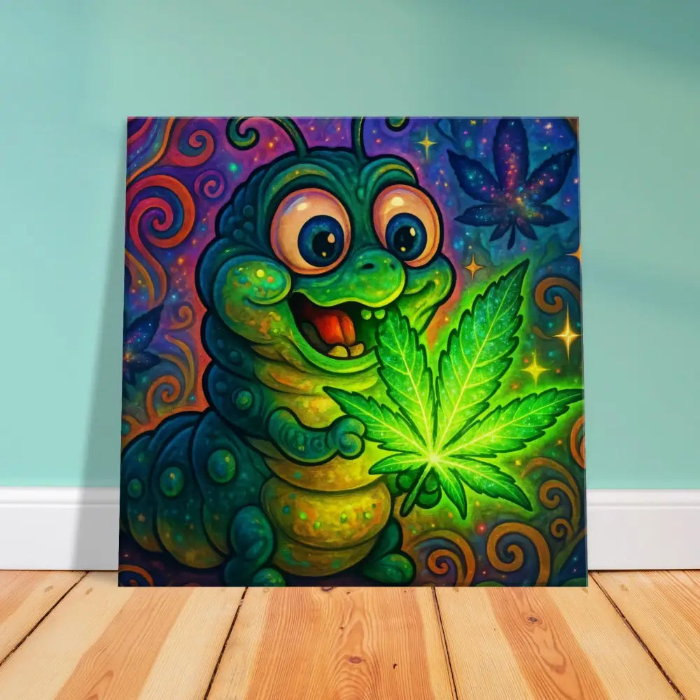 Cartoon caterpillar holding glowing marijuana leaf for Canvas Print Leaf Me Alone Vibin Wall Art