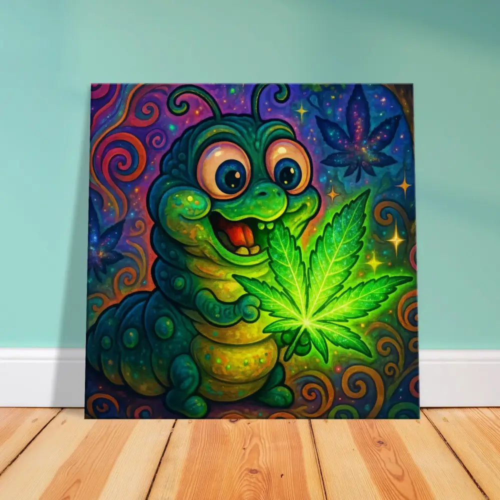 Cartoon caterpillar holding a glowing cannabis leaf for Canvas Print Leaf Me Alone Vibin art