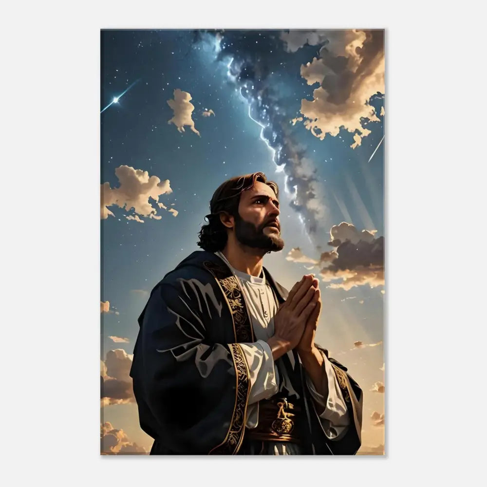 Jesus praying under a stormy sky depicted on Canvas Print Prayer to the Cosmos PixiOnyx