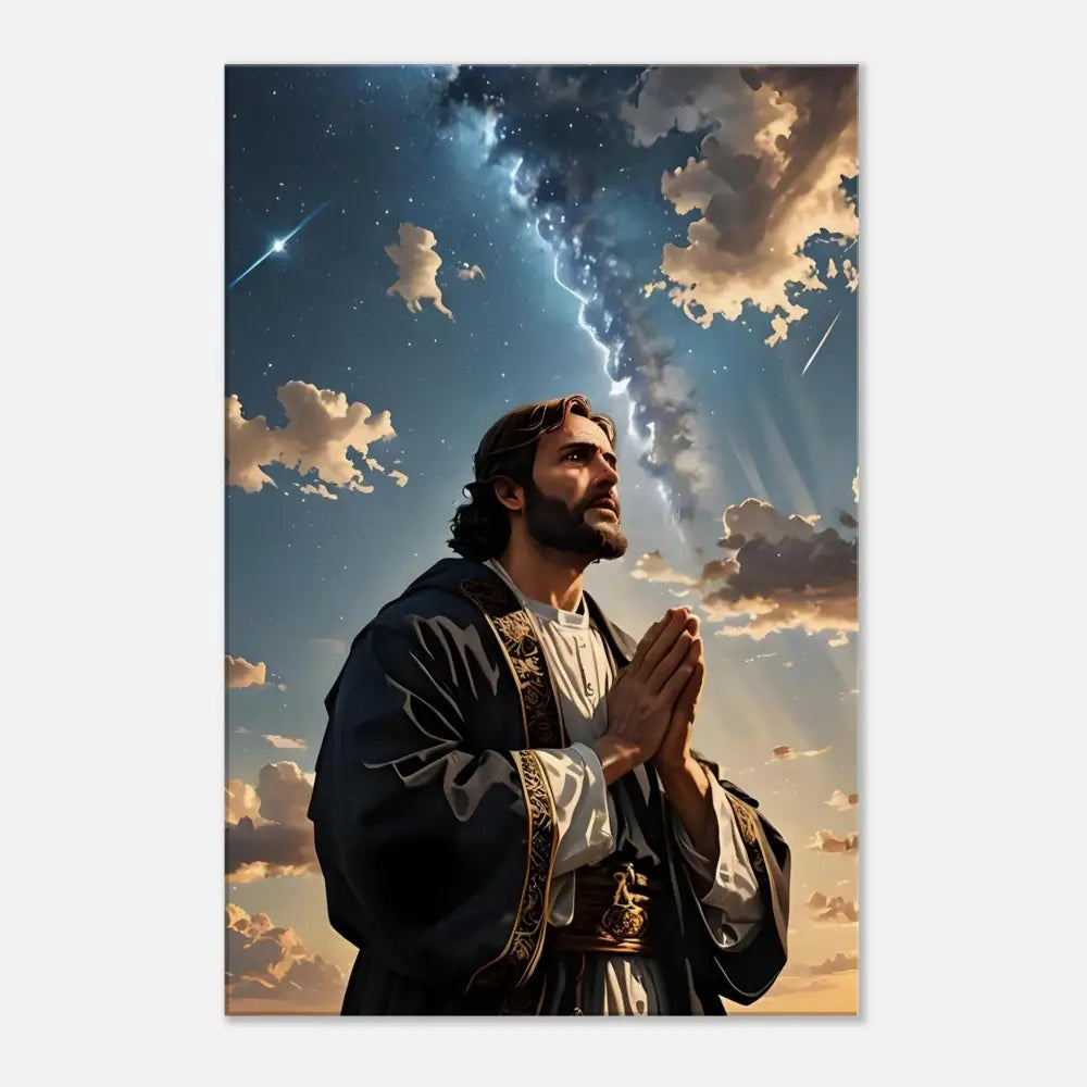 Religious figure in prayer canvas print titled Prayer to the Cosmos by PixiOnyx