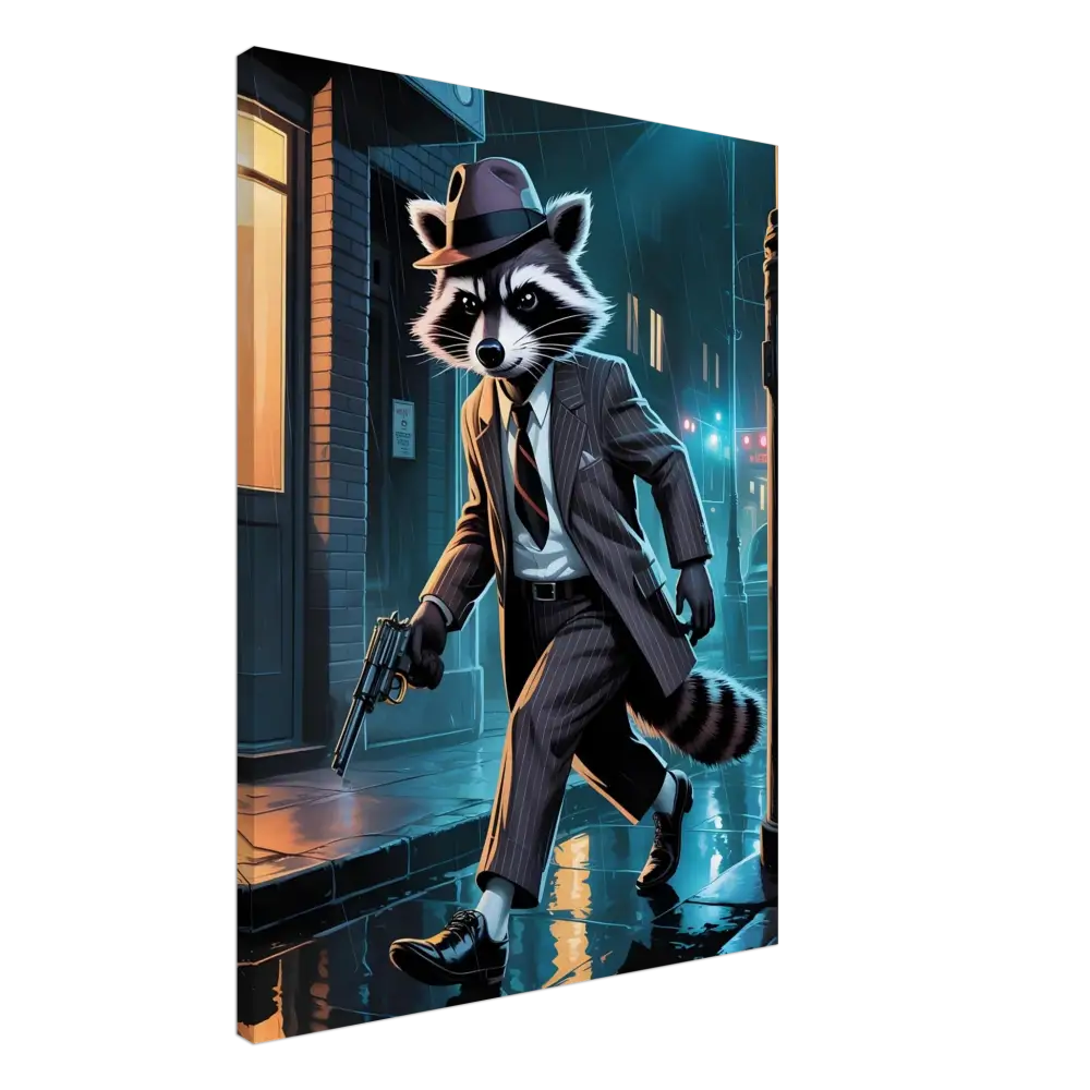 Anthropomorphic raccoon gangster in noir style from Canvas Rogue Raccoon Noir Alley Swagger