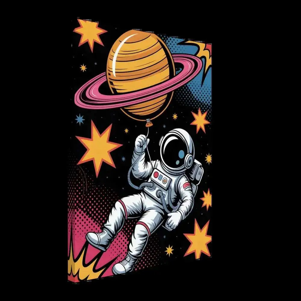 Astronaut in white suit holding Saturn-shaped balloon on artist-grade cotton-poly canvas