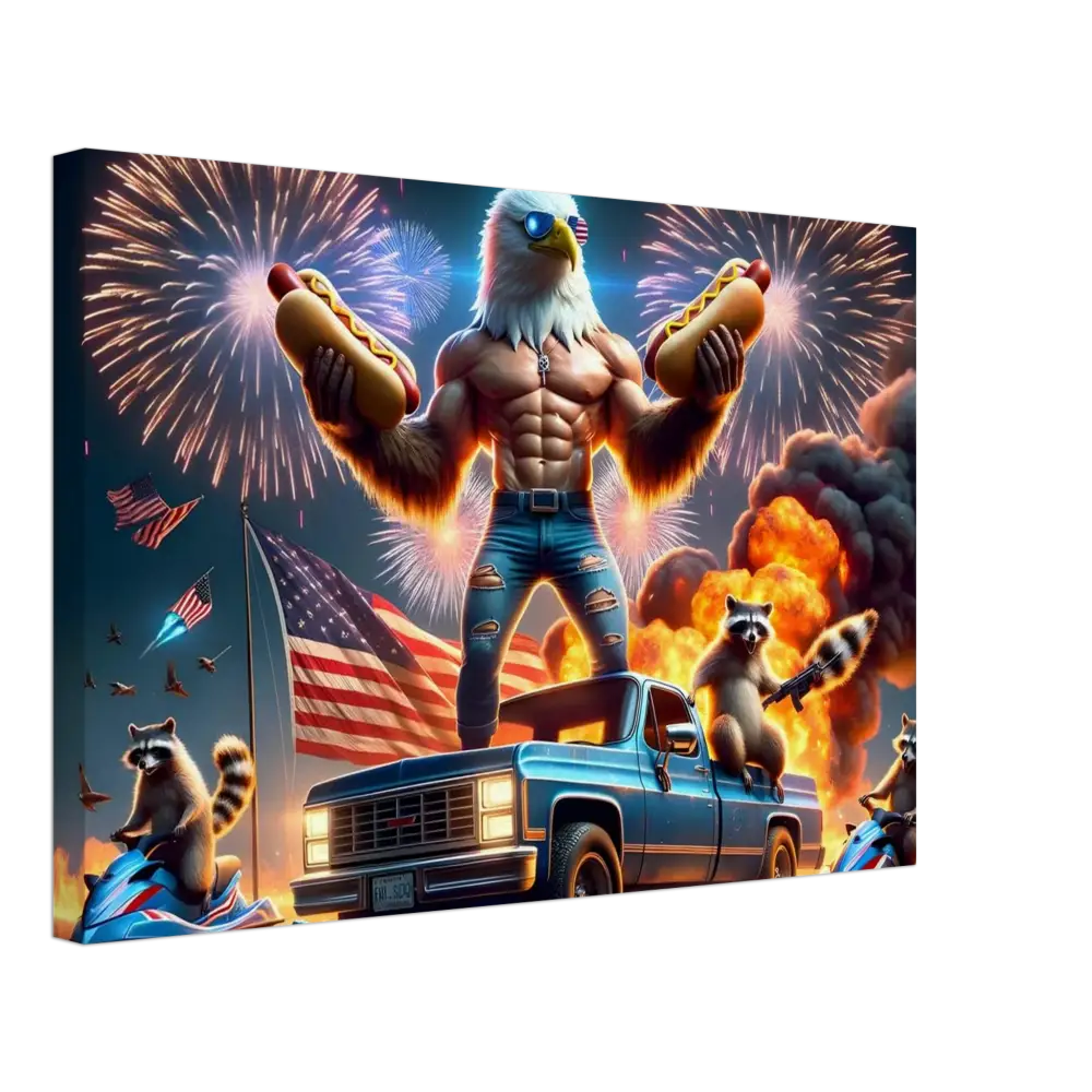Patriotic eagle-human hybrid with hotdogs on a canvas titled Stars Stripes Flaming Hot Dogs