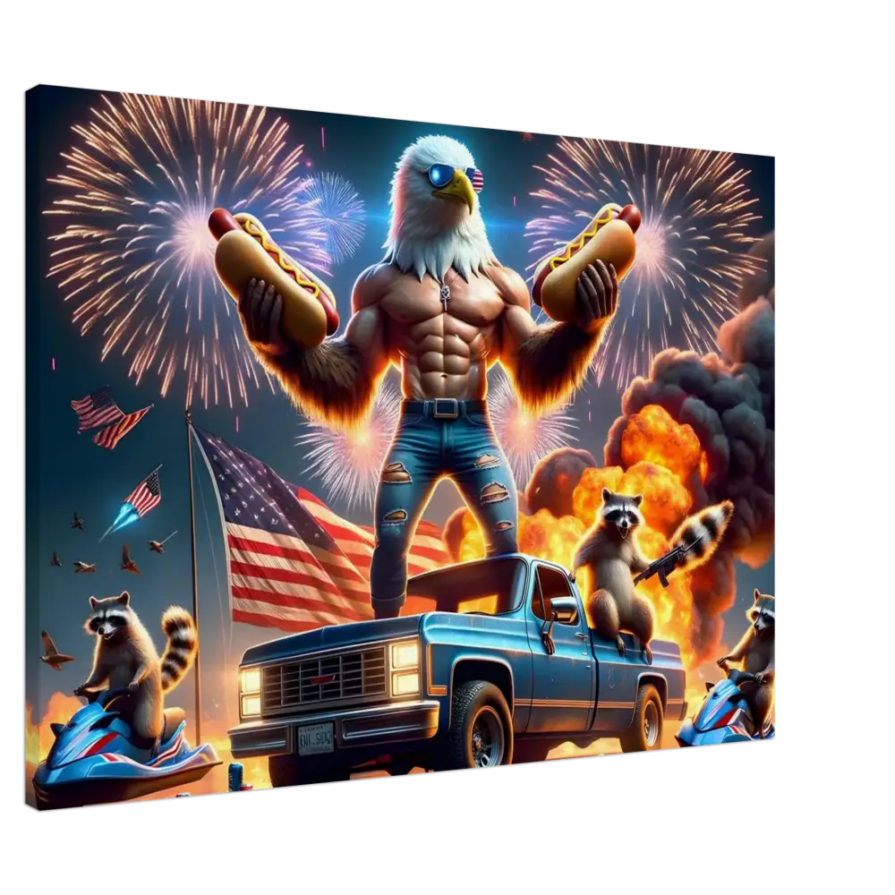 Patriotic eagle-human hybrid holding hotdogs in PixiOnyx Americana Canvas artwork