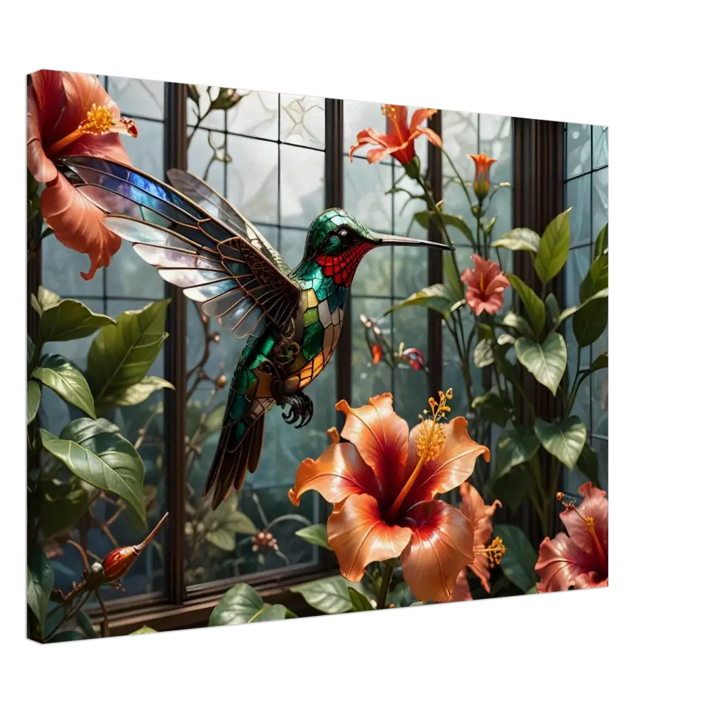 Stained glass hummingbird among hibiscus flowers on Canvas Steampunk Hummingbird Nature Art