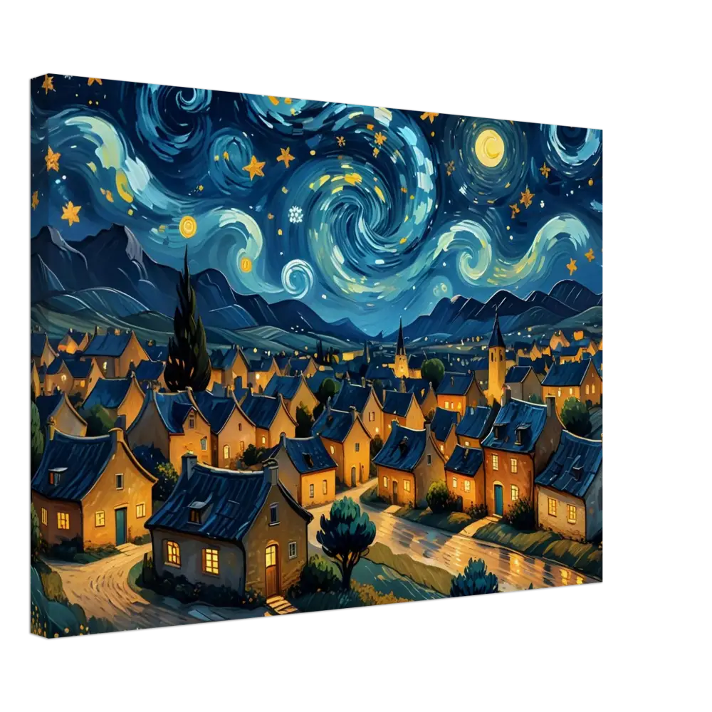 Starry night village painting on PixiOnyx Dreamscape Canvas with swirling sky design