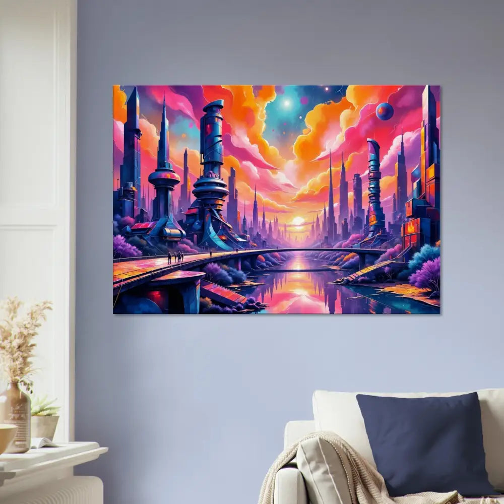 Futurism meets fantasy in a vibrant cityscape painting with gleaming architecture reflects neon-lit river beneath