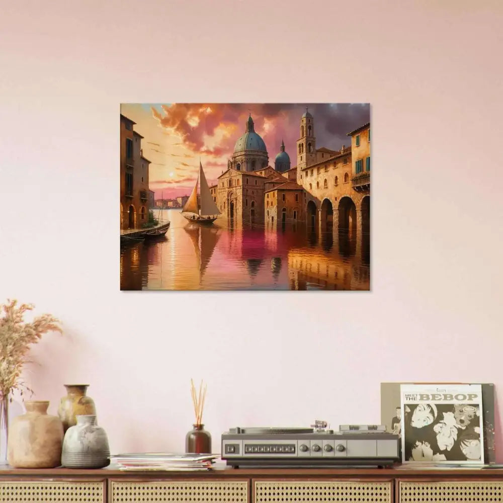Venetian Reverie framed painting of European canal city at sunset on artist-grade cotton canvas