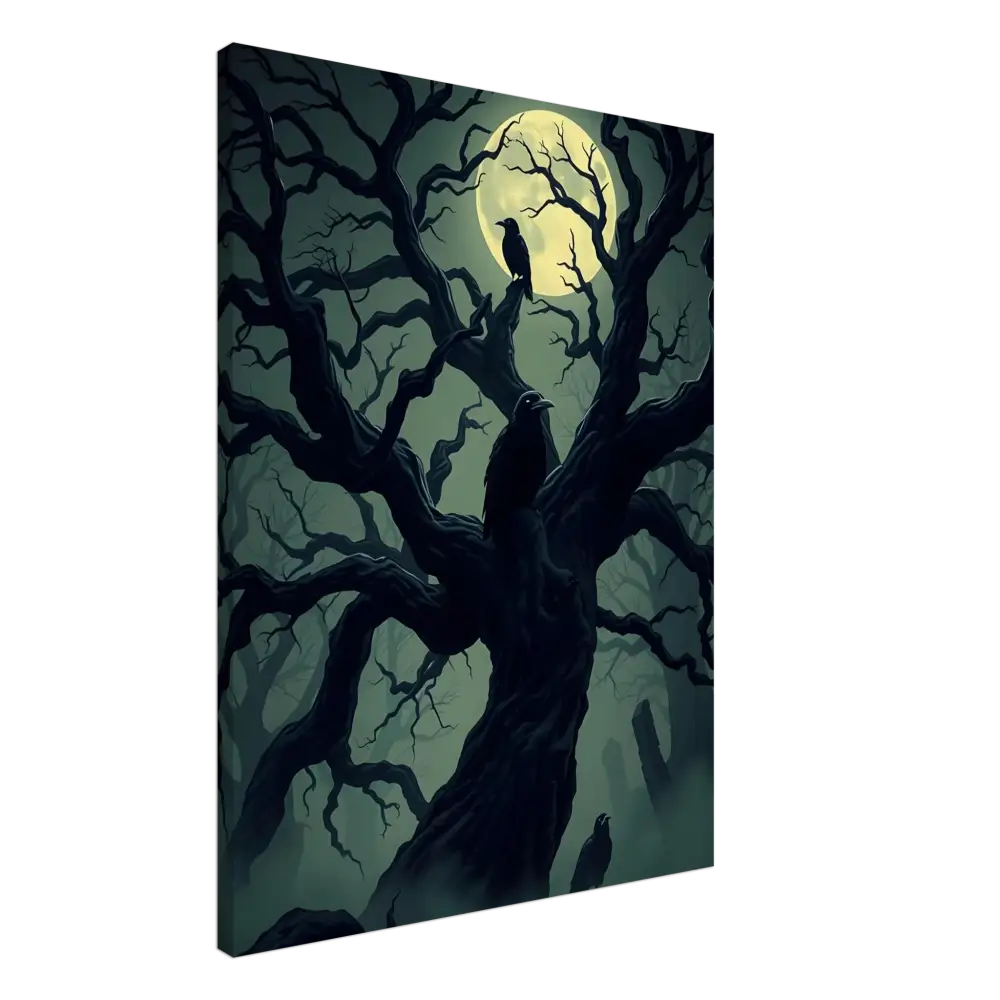 Spooky tree with ravens under a full moon on Canvas Watcher of the Crooked Moon PixiOnyx Spectral Silence Edition