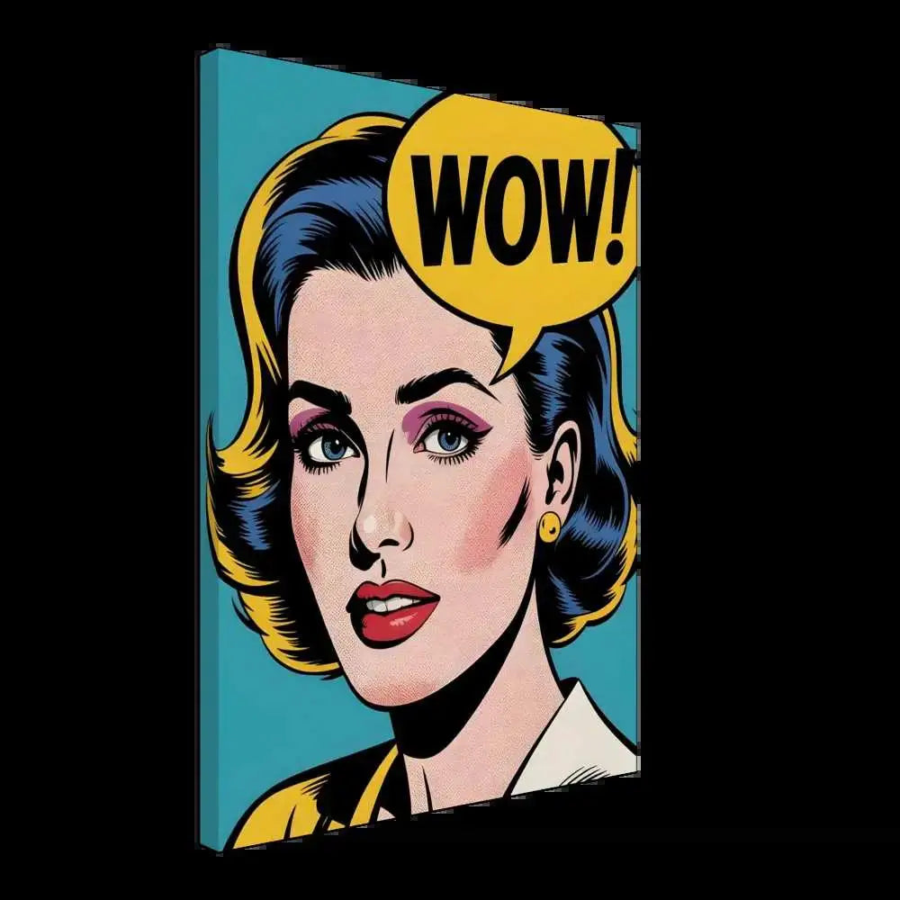 Pop art canvas print of woman saying WOW! with true pop-art flair on textured artist-grade cotton-poly canvas