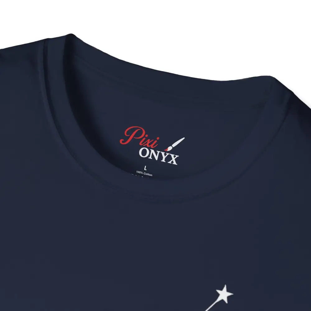 Dark blue unisex softstyle T-shirt with white inner label, ideal for low heat care instructions