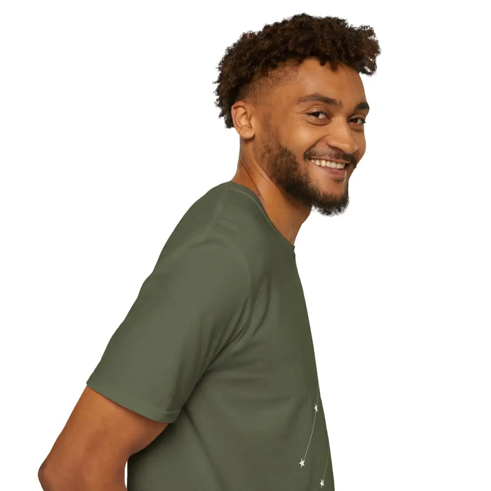 Dark green unisex softstyle T-shirt with white star constellation graphic, ideal for cosmic vibe outfits