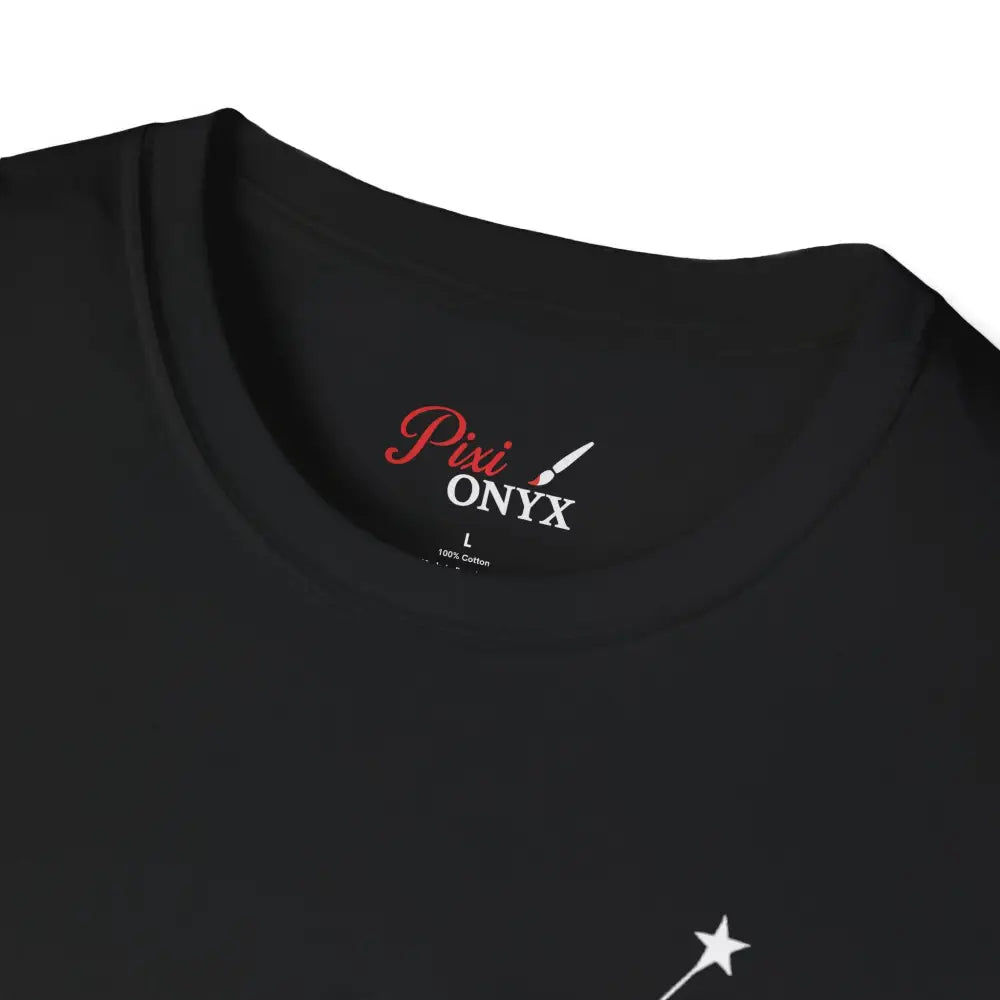 Black unisex softstyle T-shirt with brand tag, perfect for astrology and cosmic vibe outfits