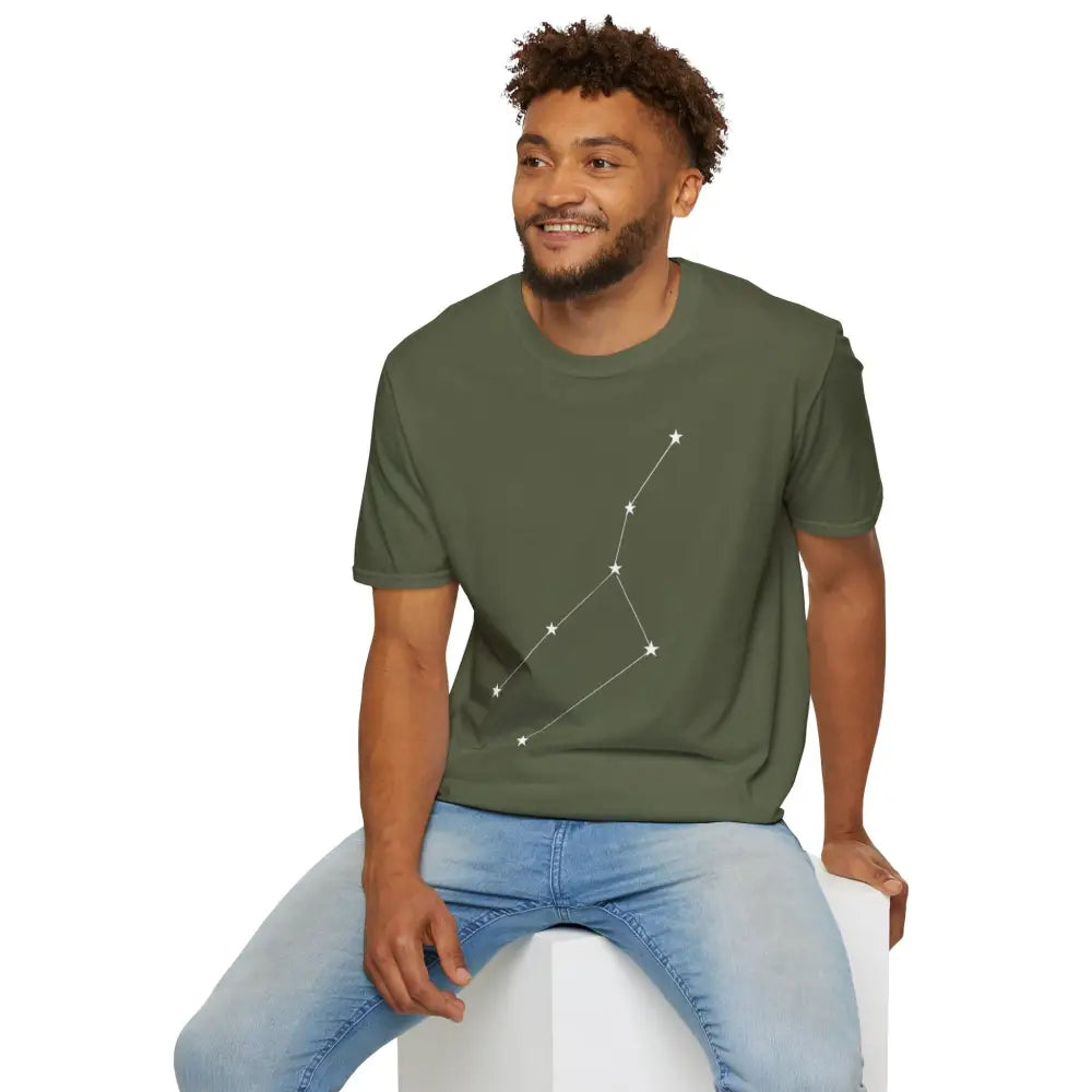 Dark green unisex softstyle T-shirt with Big Dipper constellation and low heat care instructions