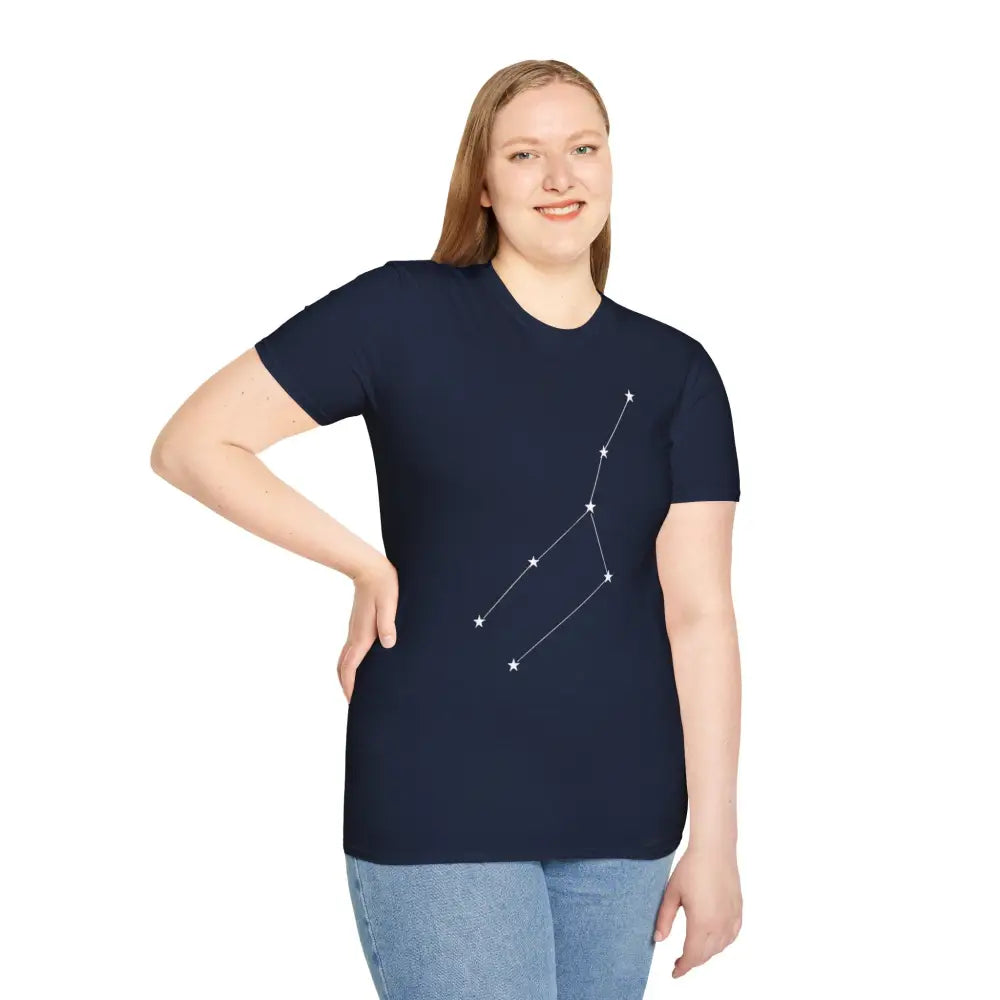 Dark blue unisex softstyle T-shirt with white star constellation graphic, ideal for astrology lovers