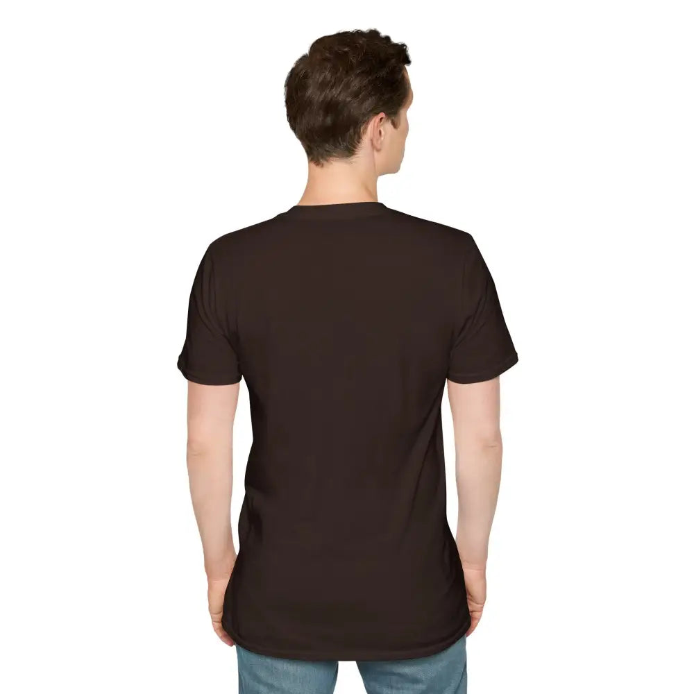 Plain black men’s short-sleeved unisex softstyle T-shirt with low heat care instructions