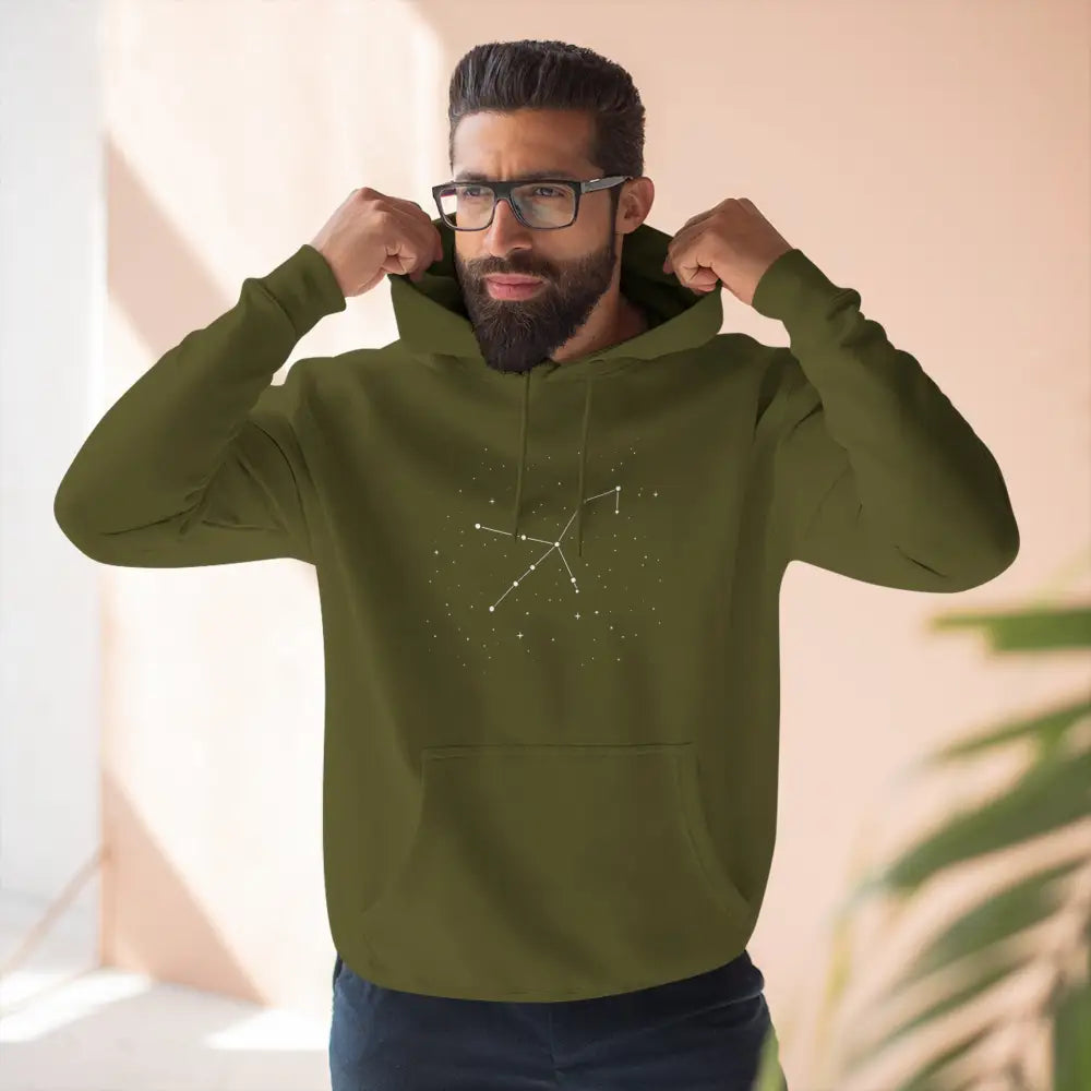 Men’s olive green cozy fleece hoodie with constellation design, adjustable hood, and spacious kangaroo pocket